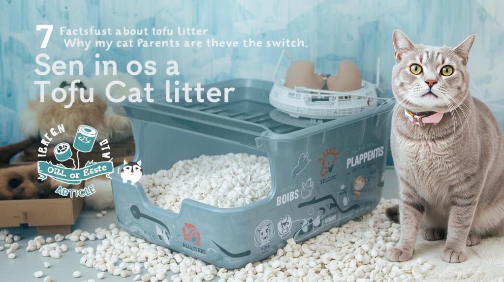 Cat sitting beside a clean litter box filled with Tofu Cat Litter