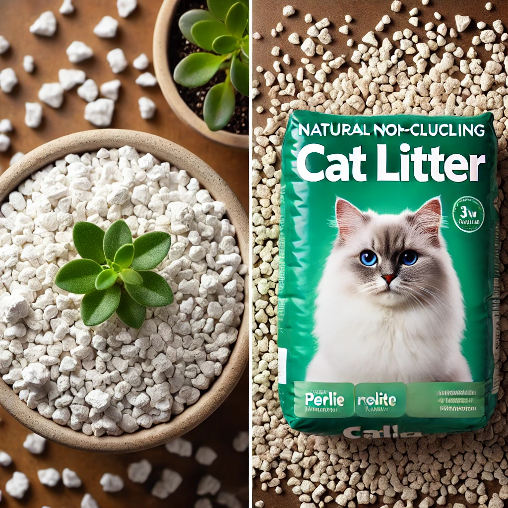 DALL·E 2025-02-01 19.45.14 - A side-by-side comparison of perlite and cat litter for gardening. The image should show a close-up of perlite, which is white, lightweight, and porou