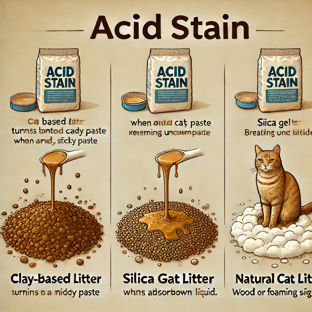 LL·E-2025-02-02-15.33.19-A-visual-representation-of-how-acid-stain-reacts-with-different-types-of-cat-litter.-The-image-should-include-three-separate-sections_-1-Clay-based-.webp