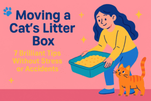 Cat sniffing a new litter box placed in a quiet corner of the home