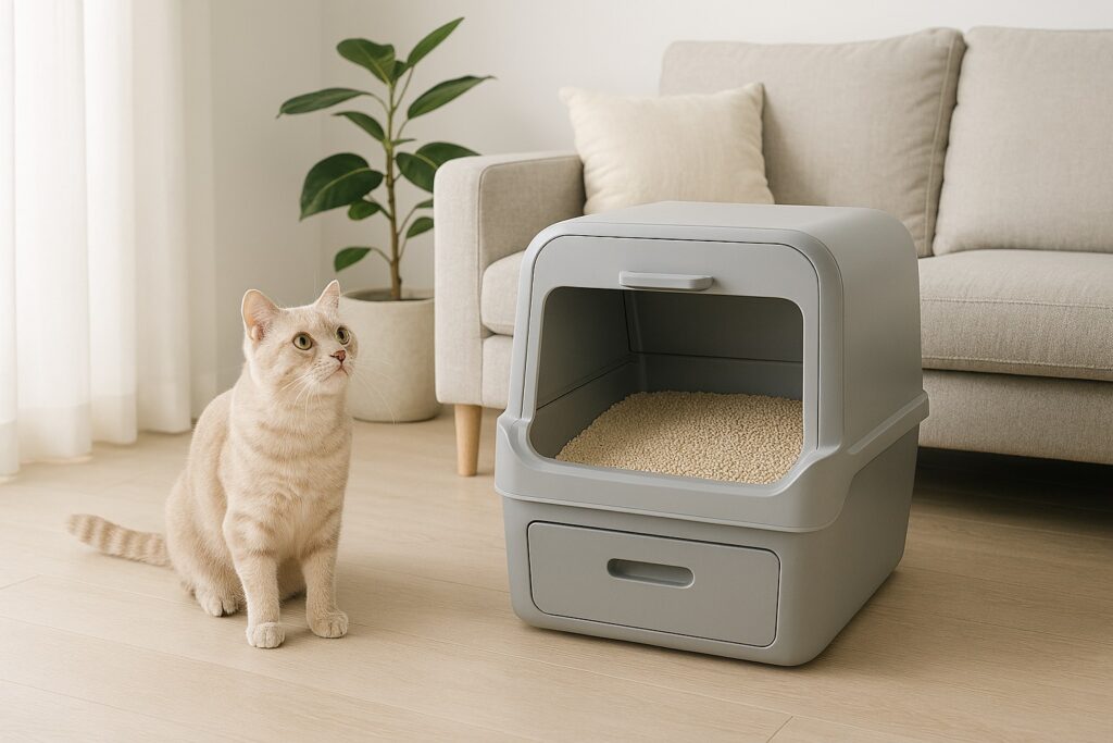 cat sitting happily with a semi automatic litter box
