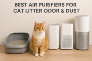 cat sitting with teh air purifiers