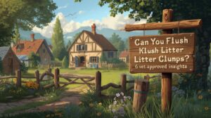 A cat sitting near a toilet while a litter scoop holds clumping litter — showing the risks of flushing kitty litter clumps down the drain.