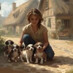 Family choosing a healthy puppy from a litter at a breeder’s home