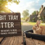 Happy bunny sitting in a clean rabbit tray litter setup with odor-free bedding